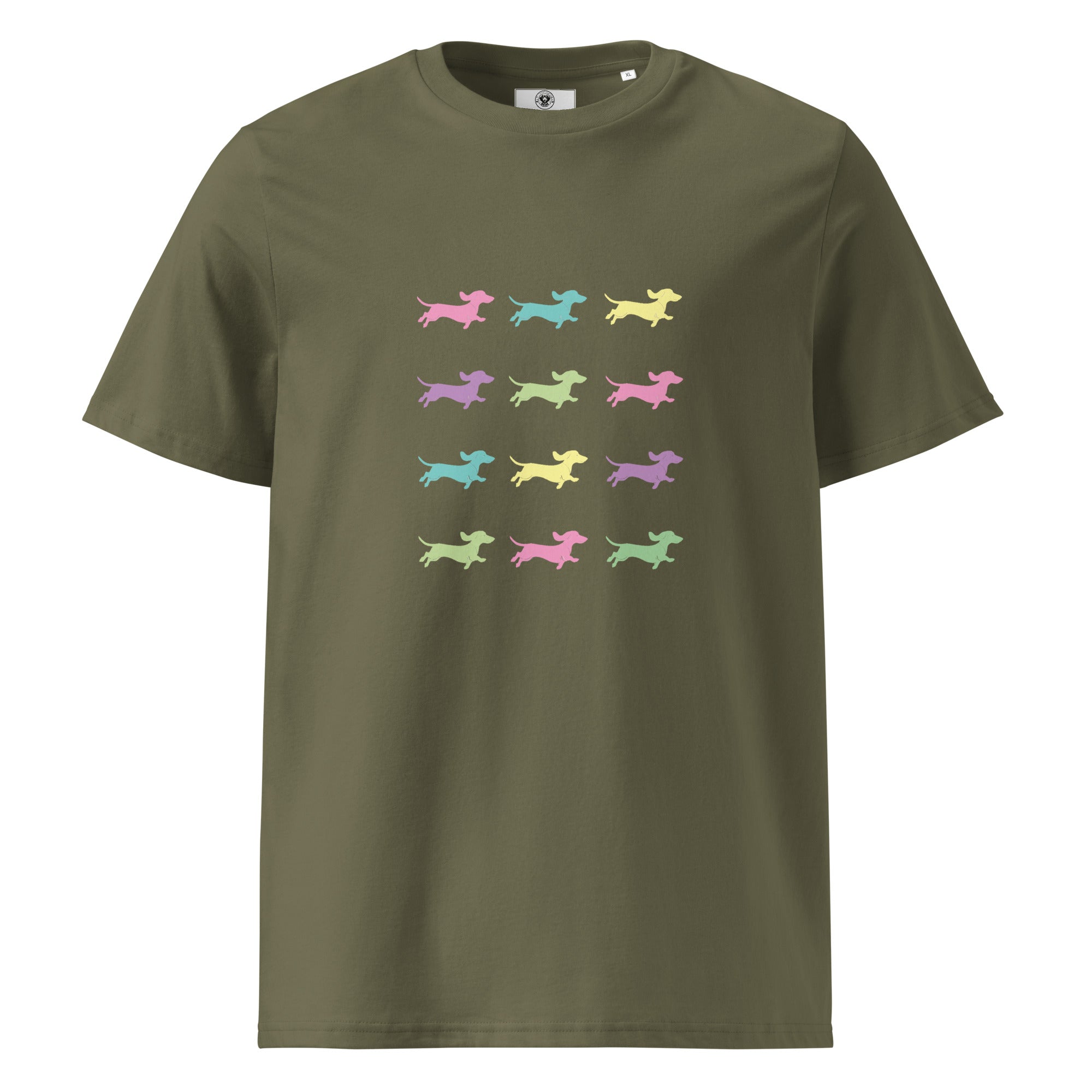 Olive green unisex organic cotton t-shirt with dachshund silhouettes in assorted colors