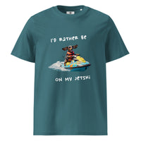 Teal unisex organic cotton t-shirt with dachshund on a jetski graphic "I'd rather be on my jetski"