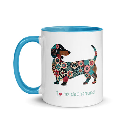 2 color ceramic mug with patchwork dachshund valentine design  11 oz. - blue