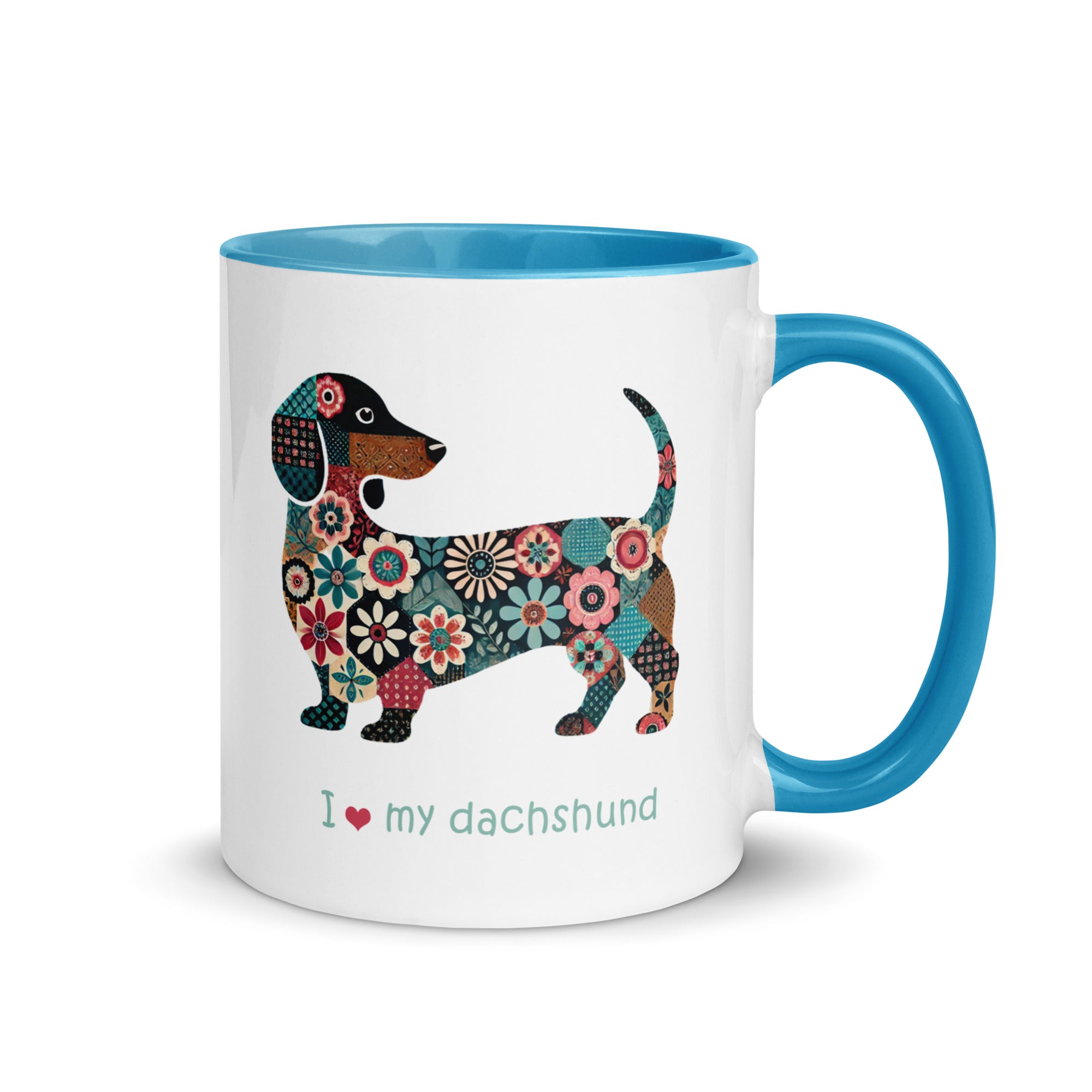 2 color ceramic mug with patchwork dachshund valentine design  11 oz. - blue