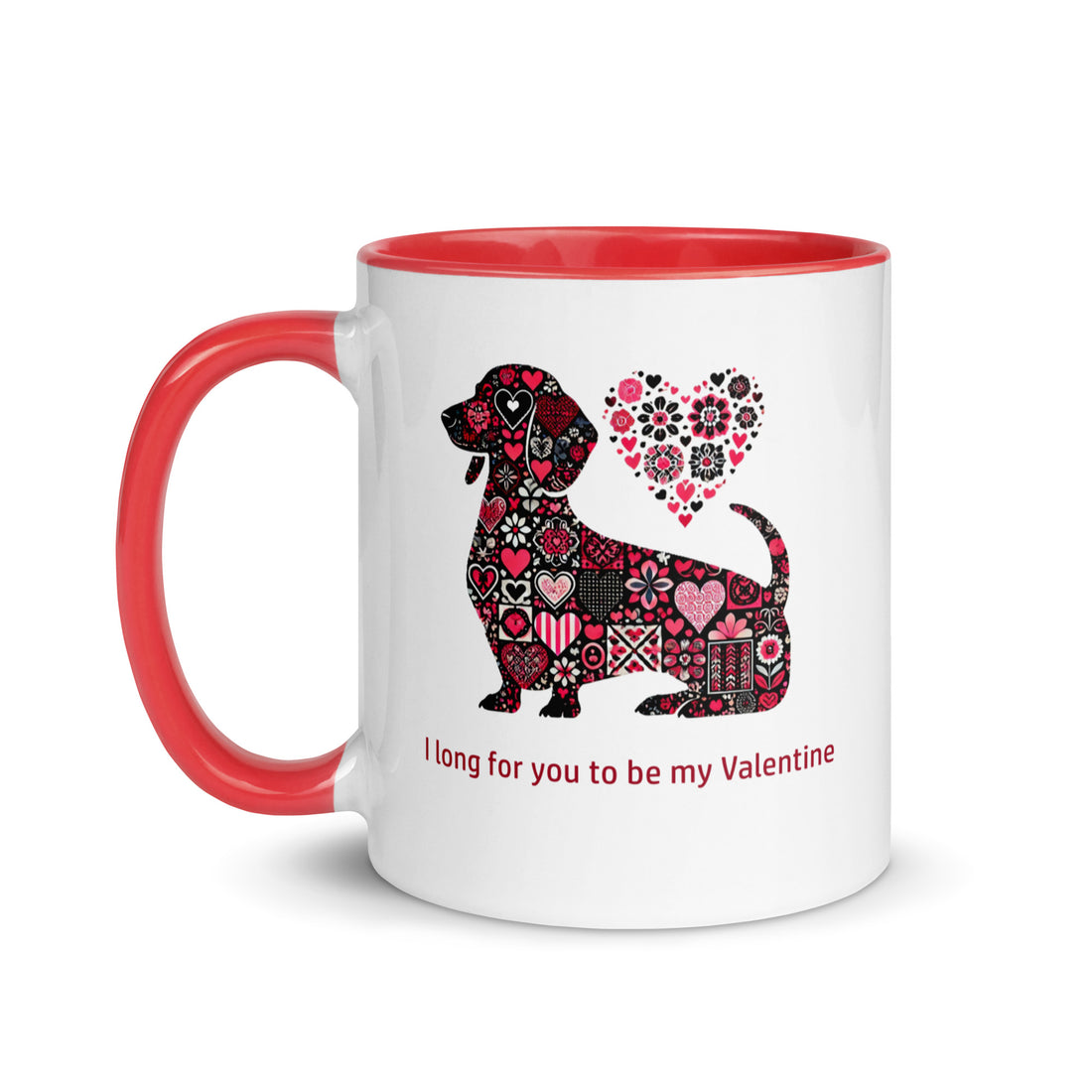 2 color ceramic mug with patchwork dachshund valentine design  11 oz. - red