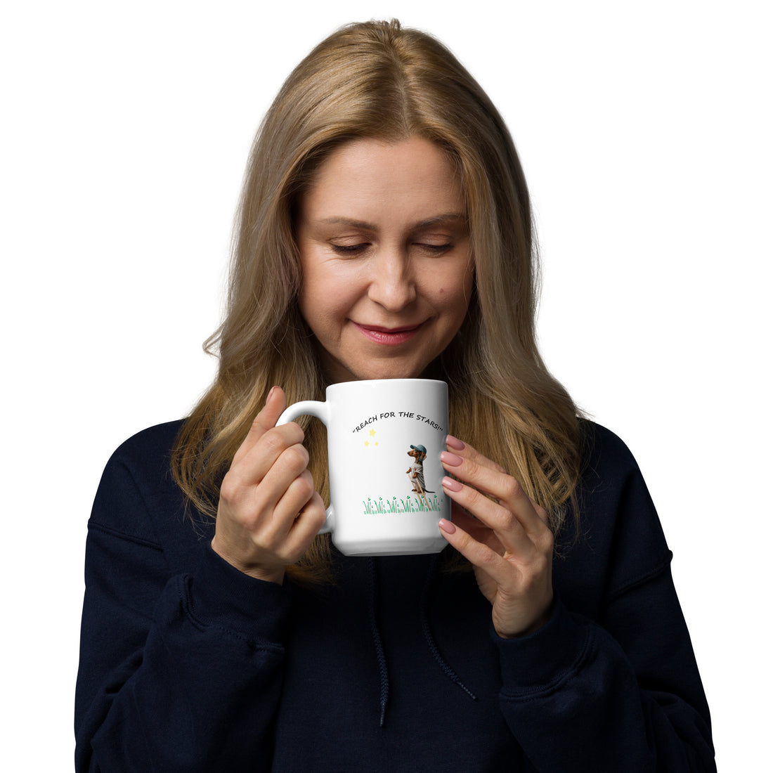 &quot;Stretch the Dachshund - Reach for the Stars&quot; white ceramic mug, 15 oz.
