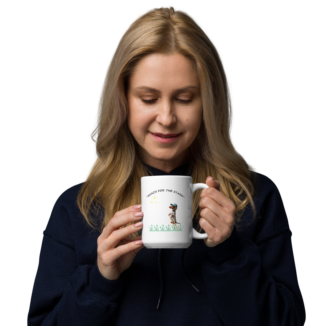&quot;Stretch the Dachshund - Reach for the Stars&quot; white ceramic mug, 15 oz.